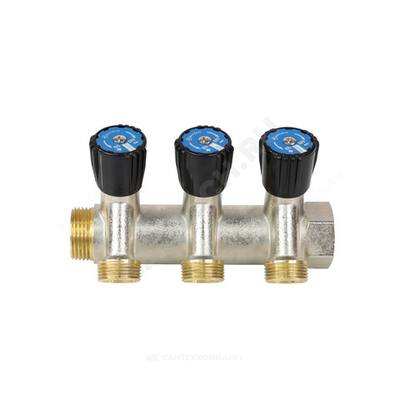 Коллектор латунь 3/4" ВР/НР на 2 вых 1/2" НР м/о 50мм под плоское уплотнение с регулирующими клапанами 9039 Aquasfera 9039-01