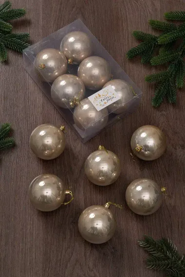 Набор пластиковых шаров Анет 80 мм., бежевый перламутр, 6 шт., ЕлкиТорг (150325)