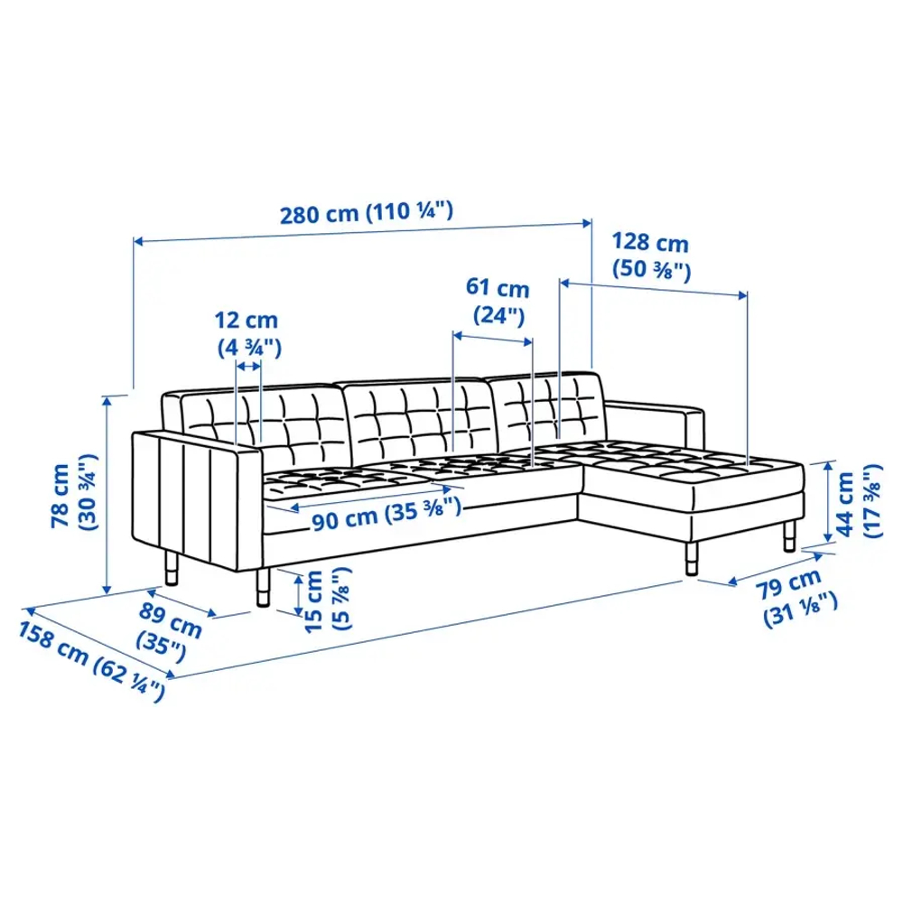 4-местный диван с шезлонгом - IKEA LANDSKRONA, 280х89х78 см, оранжевый, кожа, ЛАНДСКРУНА ИКЕА