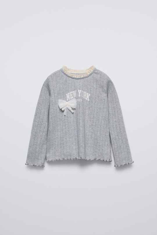 ZARA ЛОНГСЛИВ С КРУЖЕВОМ И БАНТОМ, СЕРЫЙ С МЕЛАНЖЕВЫМ ЭФФЕКТОМ