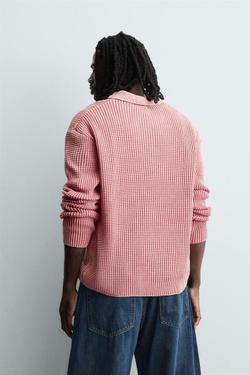 ZARA ТРИКОТАЖНОЕ ПОЛО С ВАФЕЛЬНОЙ СТРУКТУРОЙ, РОЗОВЫЙ