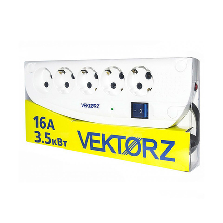 Сетевой фильтр Vektor Z, 3,5 кВт, 16А, 5 розеток (4 с заземлением), 5 м, белый
