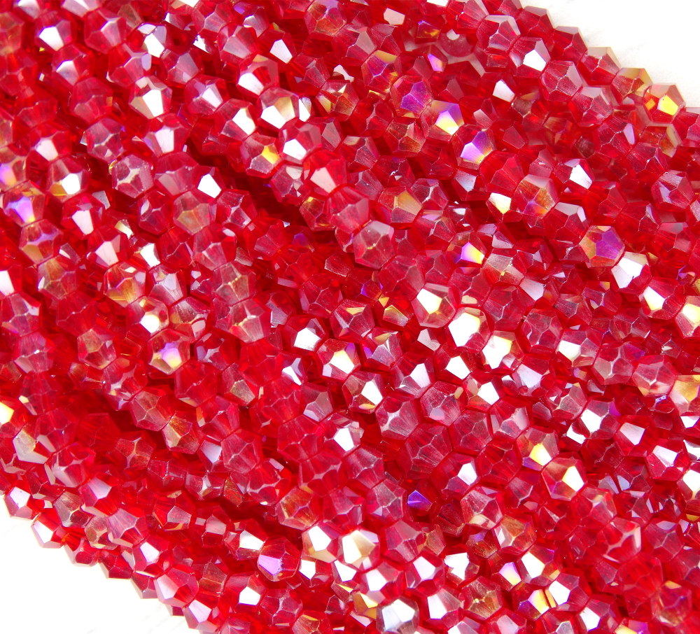 ББ008ДС6 Хрустальные бусины "биконус", цвет: ярко-красный AB прозр., размер 6 мм, кол-во: 39-40 шт.
