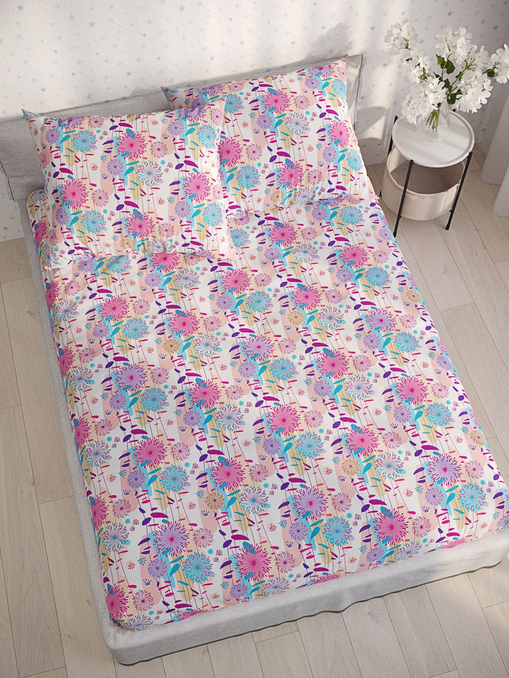 Постельное белье перкаль Сказка "Джаз" евро Наволочка 50х70 см 2 шт Простынь на резинке 180x200 см Пододеяльник 200x215 см