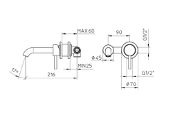 Bossini Oki смеситель для раковины, настенный на 2 отверстия, однорычажный, скрытая часть в комплекте, цвет черный матовый