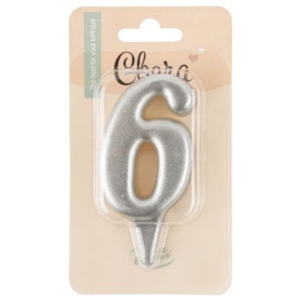 Свеча Цифра, 6 Овал, Серебро, Металлик, 7 см, 1 шт. с держат.