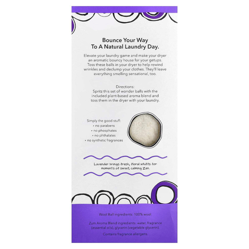 ZUM, Шарики для сушки шерсти со смесью ароматов, лаванда, 3 шарика и 1 смесь ароматов, 8,5 унции