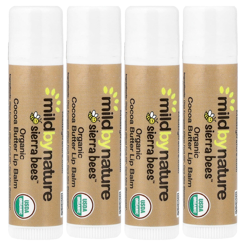 Mild By Nature, Sierra Bees™, органические бальзамы для губ, какао-масло, 4 шт. по 4,25 г (0,15 унции)