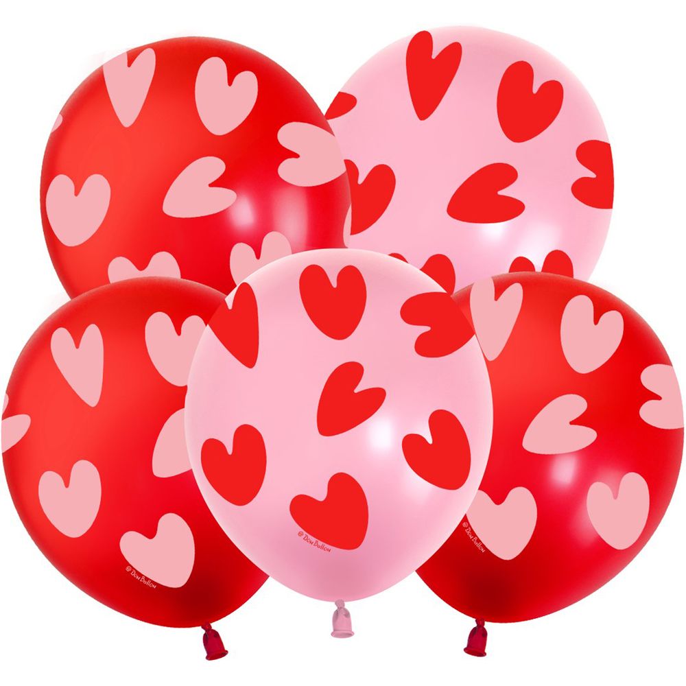 Розовые и красные шарики с гелием с рисунками сердечек