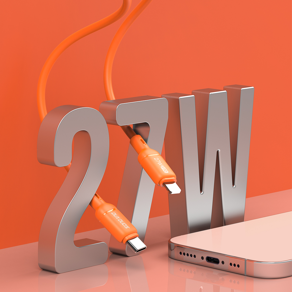 Силиконовый кабель оранжевого цвета с USB-C на Lightning, быстрая зарядка 27W, длина 100см (1м), серия SILI Series от Dux Ducis