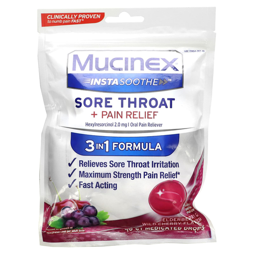 Mucinex, InstaSoothe, облегчение боли в горле, бузина и черемуха, 2 мг, 40 лечебных капель