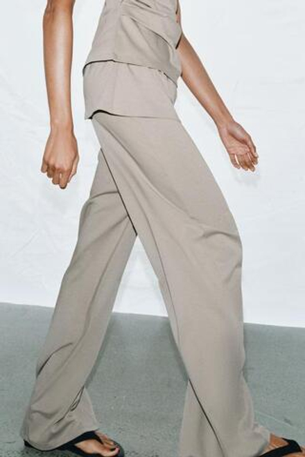 ZARA БРЮКИ ИЗ ПЛОТНОГО ХЛОПКА С ПОЯСОМ-КУШАКОМ, СЕРО-СИНИЙ