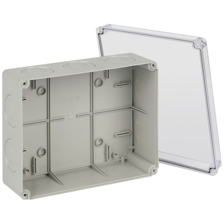 Распаячная коробка ЭРА KORvpk-240-195-90 ОП серая 240х195х90мм прозрачная крышка на винтах d25-3шт d32-2шт IP55
