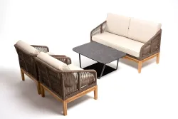 "Канны" лаунж-зона 4-местная из роупа со столом "Гранада" (серый гранит), основание дуб, роуп коричневый, ткань бежевая