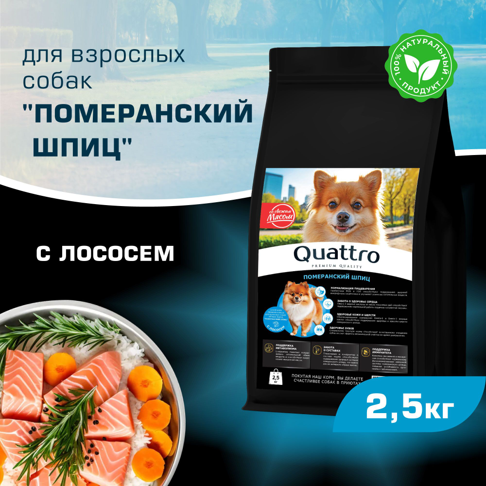 Корм сухой для взрослых собак породы Померанский шпиц, с лососем, 2,5 кг, QUATTRO