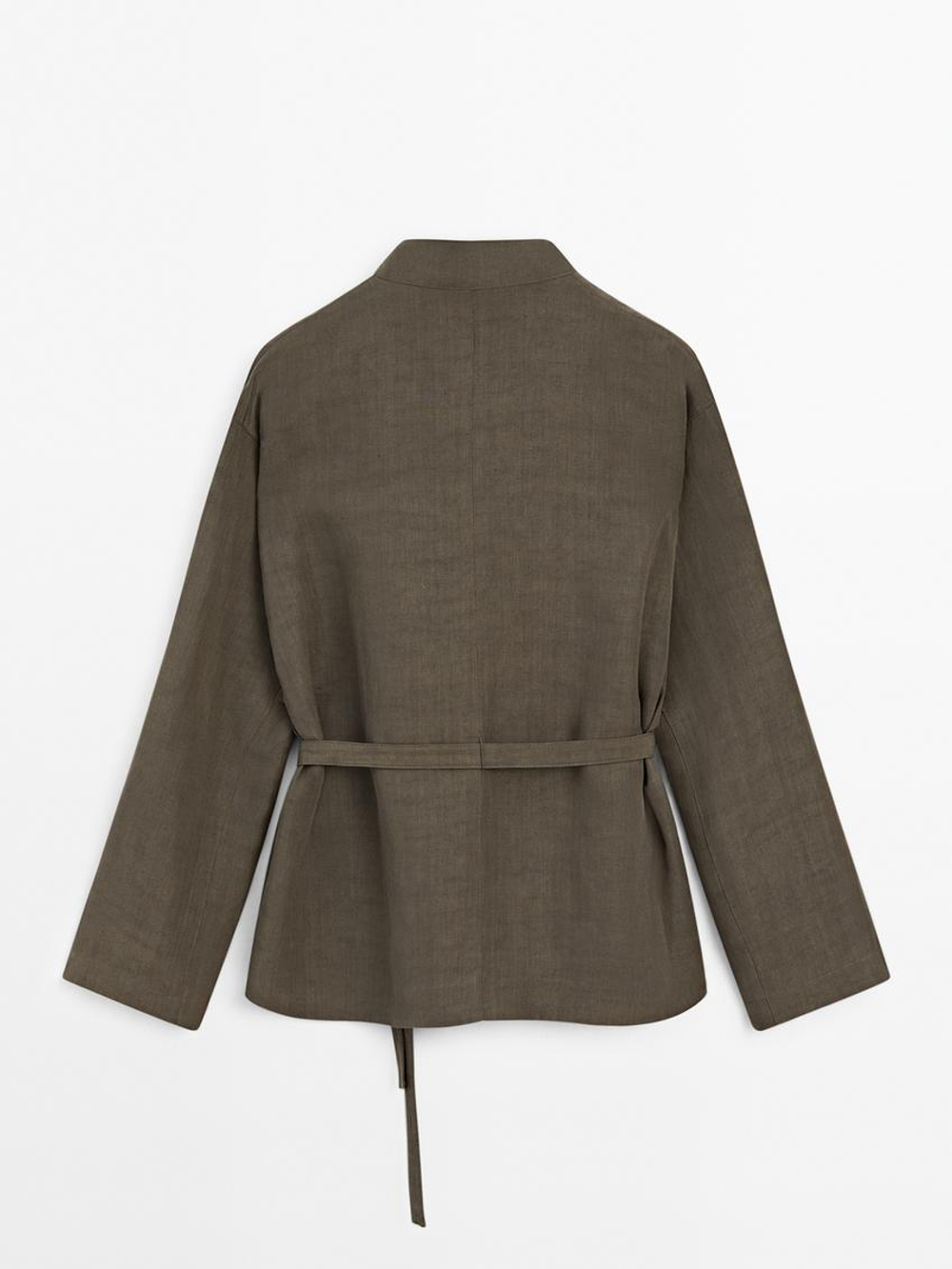 Massimo Dutti Куртка из смесового льна с воротником-стойкой, кротово-коричневый