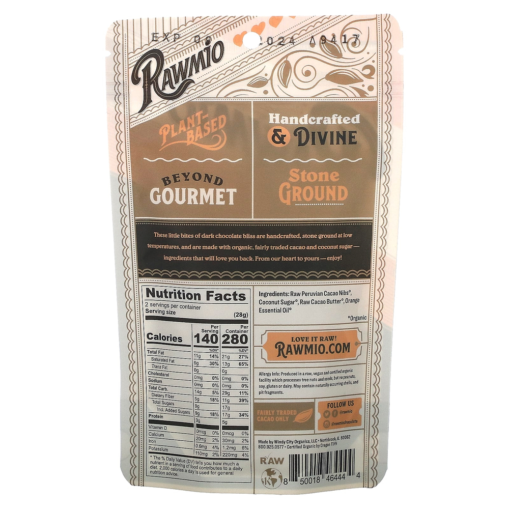 Rawmio, Сердечки с апельсином и шоколадом, 70% сырого какао, 56,7 г (2 унции)