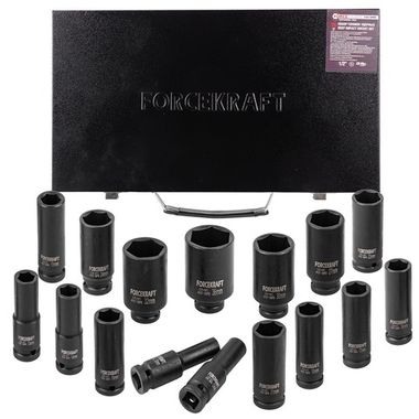 Набор головок ударных глубоких 16пр.,1/2''6гр.(10,12-19,21,22,24,27,30,32,36мм), в металлическом кейсе FORCEKRAFT FK-4167-5MPB