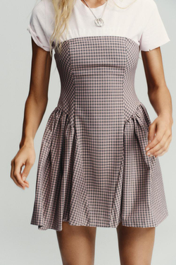 ZARA КОРОТКОЕ ПЛАТЬЕ БЕЗ БРЕТЕЛЕЙ В КЛЕТКУ ВИШИ, ПЫЛЬНЫЙ РОЗОВЫЙ