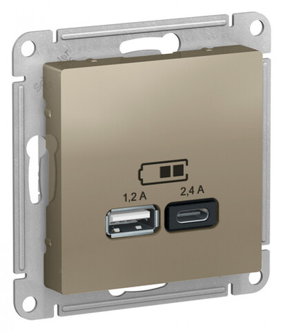 ATLASDESIGN USB РОЗЕТКА А+С, 5В/2,4А, 2х5В/1,2А, механизм, ШАМПАНЬ