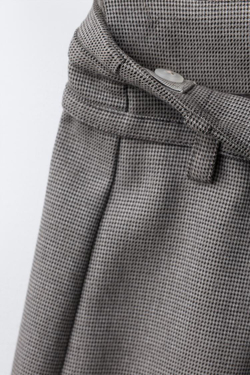 ZARA БРЮКИ WIDE LEG «ГУСИНАЯ ЛАПКА» С ДВОЙНЫМ РЕМНЕМ, СЕРО-КОРИЧНЕВЫЙ