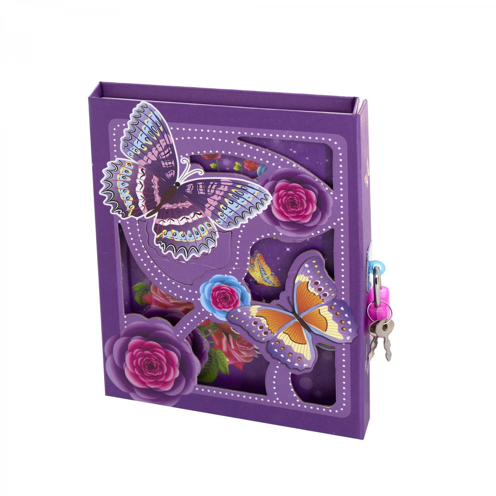 Блокнот в футляре, 13,0 см * 16,5 см, 7БЦ, Alingar, ламинация, глиттер, замочек, линия, 40 л., "Бабочки и розы", фиолетовый