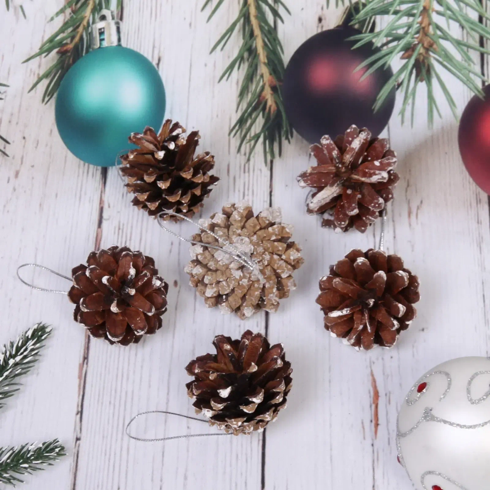 Украшение новогоднее «Шишки с белым инеем» 5,5 см (набор 6 шт)