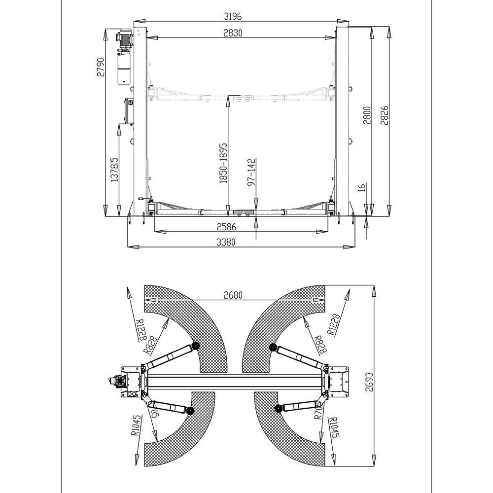 Автоподъемник двухстоечный ROSSVIK T4B г/п 4.0т, 380В, электрогидравлический с нижней синхронизацией