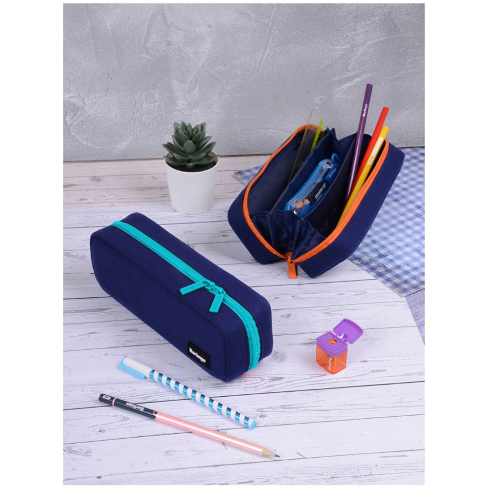 Пенал-футляр корпусный, 210*70*50 Berlingo "Navy blue", полиэстер, 3 внутренних отделения