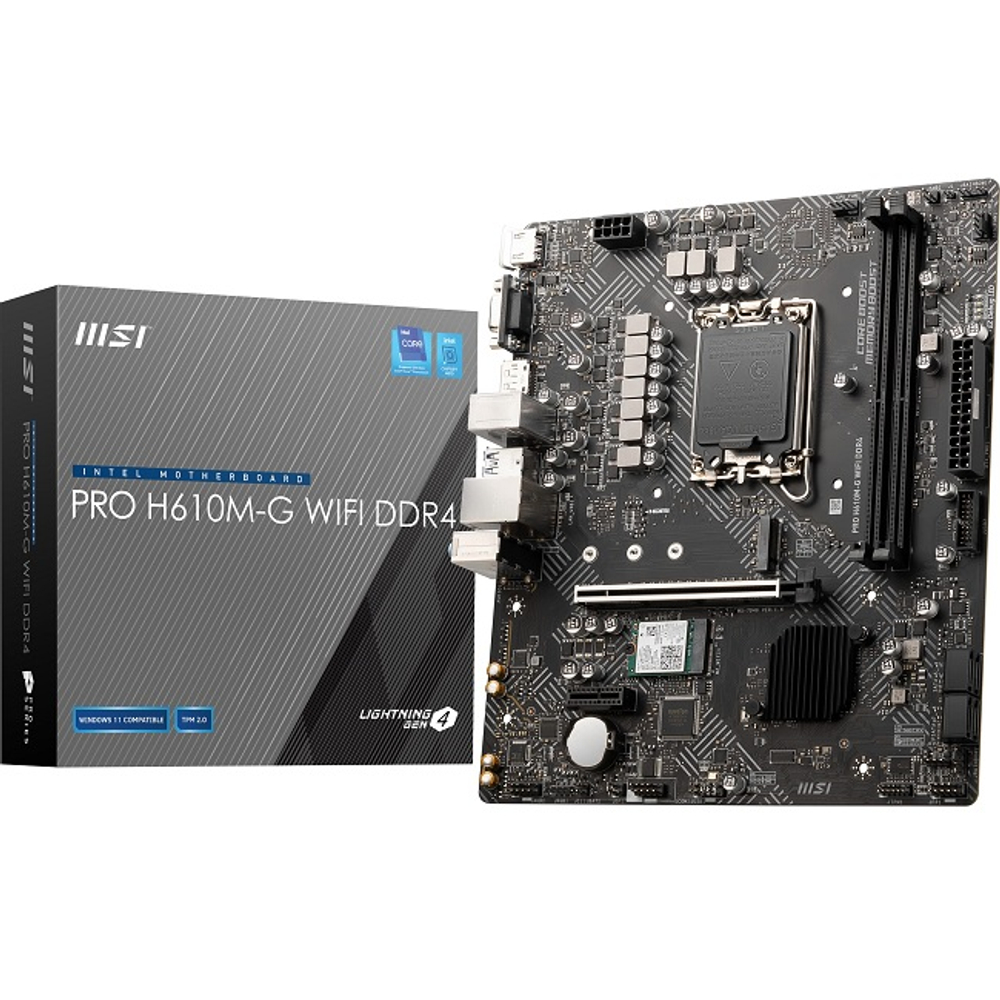 Материнская плата MSI PRO H610M-G WIFI DDR4 (LGA1700/H610/2xDDR4/PCI-Ex16/M.2/SB7.1/Wi-Fi/BT/GLAN/HDMI/DP/VGA/mATX)