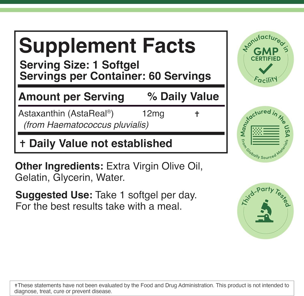 Double Wood Supplements - Astaxanthin (Astareal) - 60 x 12 mg softgels