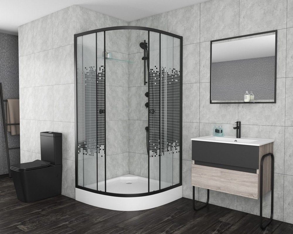 Душевой уголок Niagara Eco NG-003-14BLACK (80х80х195) низкий поддон(13см),черный,стекло мозаика,2 места