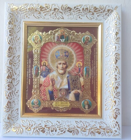 Икона 25х22 Николай Чудотворец (цветной), белый багет (Паняв)