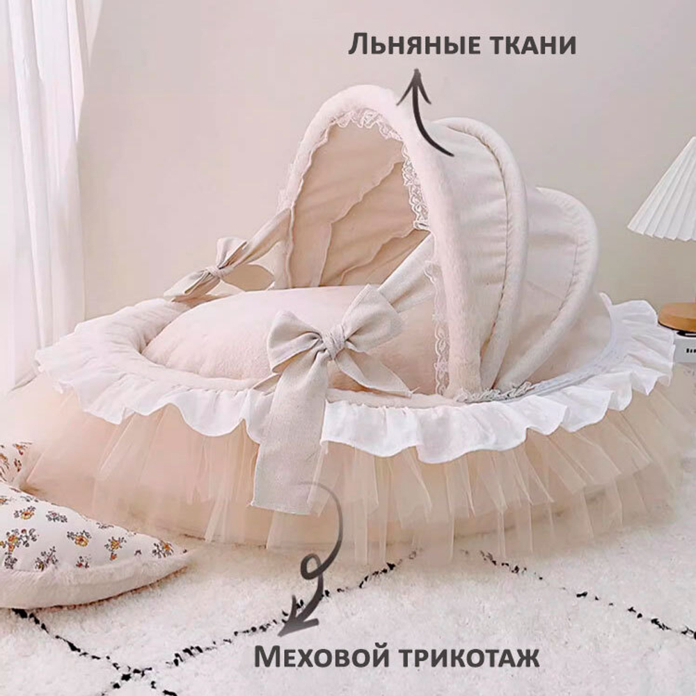 2026 Люлька светло бежевая, меховая с фатиновой рюшей, горчичные цветы PREMIUM (чехлы съёмные)