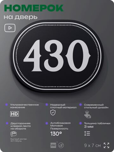 Номерок на дверь квартиры 430, для кабинета, офиса, шильдик 9 х 7 см, черный, Айдентика Технолоджи
