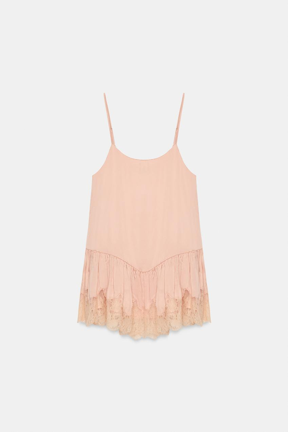 ZARA АТЛАСНОЕ ПЛАТЬЕ В БЕЛЬЕВОМ СТИЛЕ С КРУЖЕВОМ, ПАСТЕЛЬНО-РОЗОВЫЙ