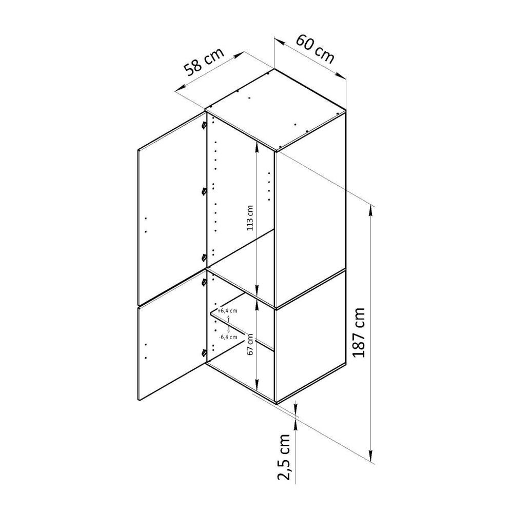 Шкаф для одежды, 60х58х187, Моби, распашной, 2 двери, с ручками из массива дуба, белый, Dipriz