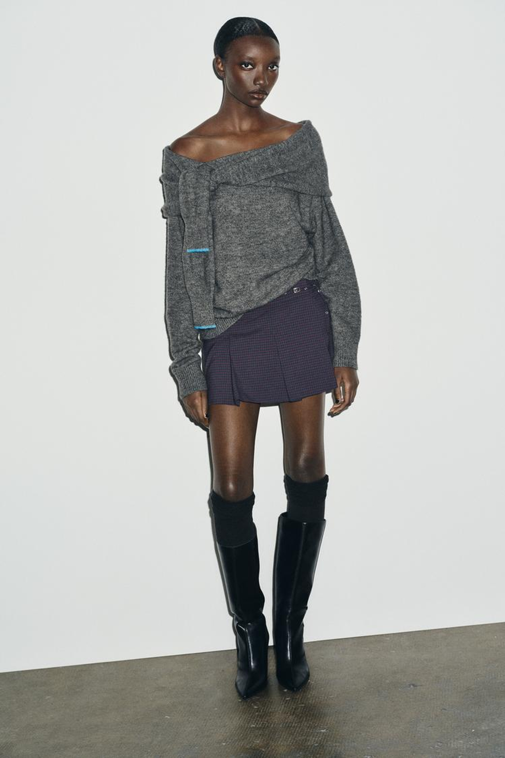 ZARA ТРИКОТАЖНЫЙ ДЖЕМПЕР С ОТКРЫТЫМИ ПЛЕЧАМИ, СЕРЫЙ МЕЛАНЖ