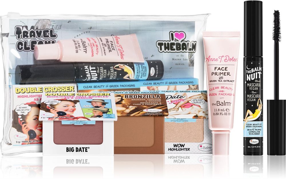 theBalm Big Date ® blusher and eyeshadows in one 3 г + Bronzilla® bronzer, eyeshadows and contouring powder in one 2,2 г + Double Crosser wow highlighter 3 г + Nuit® volumising mascara in extra black 8 мл + Anne T. Dotes® primer under Eye shadows 11,8 мл Clean &amp; Green Travel Kit