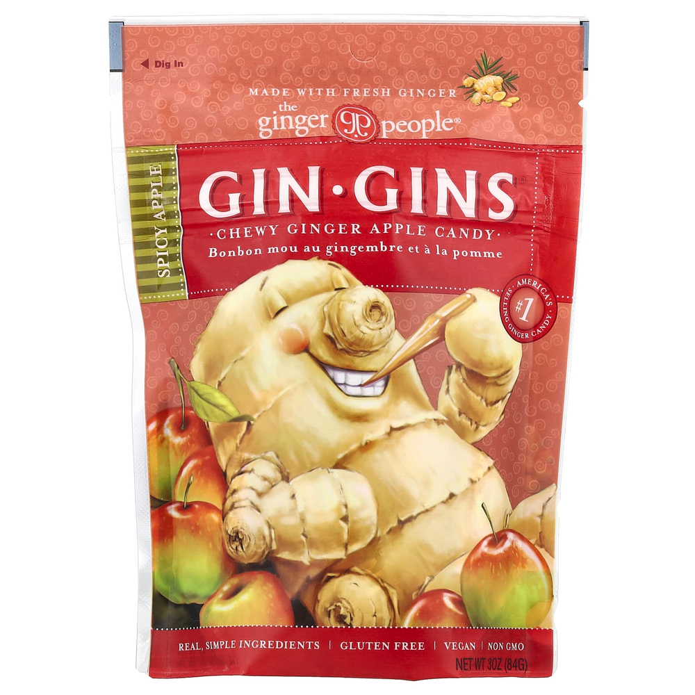 The Ginger People, Gin Gins®, жевательная конфета с имбирем и яблоком, пряное яблоко, 84 г (3 унции)