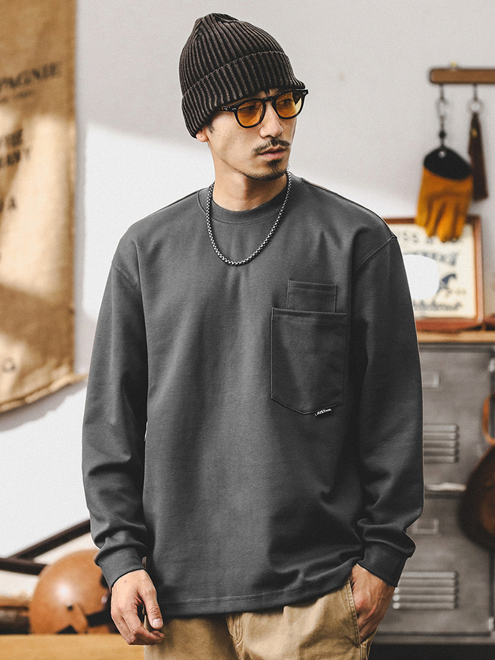 Американская футболка с длинным рукавом мужской осенний лонгслив двойной карманный