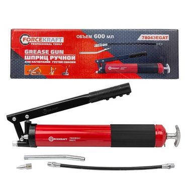 Шприц для нагнетания густой смазки ручной 600мл в комплекте с жестким(L-140мм) и гибким(L-300мм) наконечниками (1 шток,''под закладку'') FORCEKRAFT FK-78043EGAT