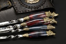 Подарочный набор шампуров "Премиальный №2", Карельская береза, чехол из натуральной кожи