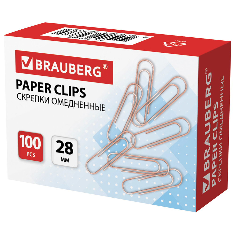 Скрепки BRAUBERG 28 мм омедненные 100 шт. в картонной коробке (20 штук в упаковке)