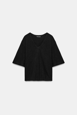 ZARA ФУТБОЛКА С V-ОБРАЗНЫМ ВЫРЕЗОМ, ЧЕРНЫЙ