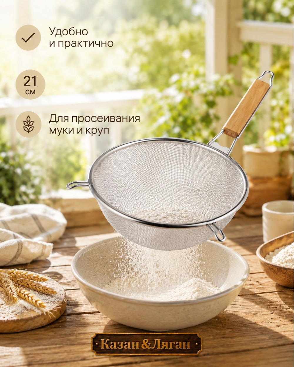 Сито 21 см с деревянной ручкой