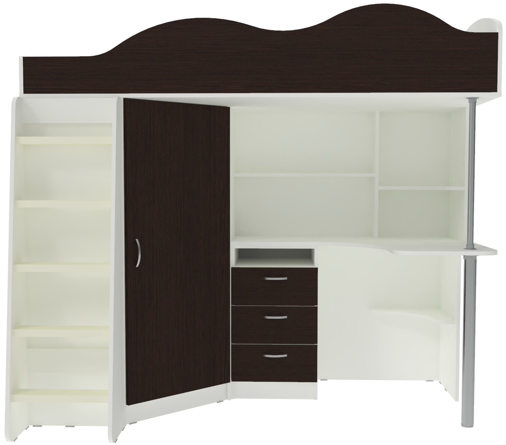 Кровать-чердак КарИВи Пионер с деревянной лестницей Белый  Венге