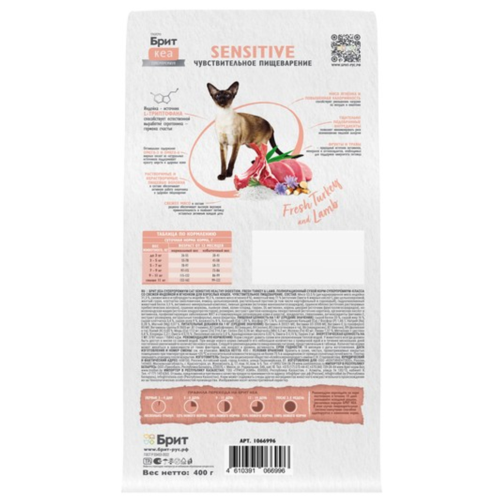 Сухой корм для взрослых кошек Брит BRIT CARE SENSITIVE HEALTHY DIGESTION с индейкой и ягненком 0,4кг