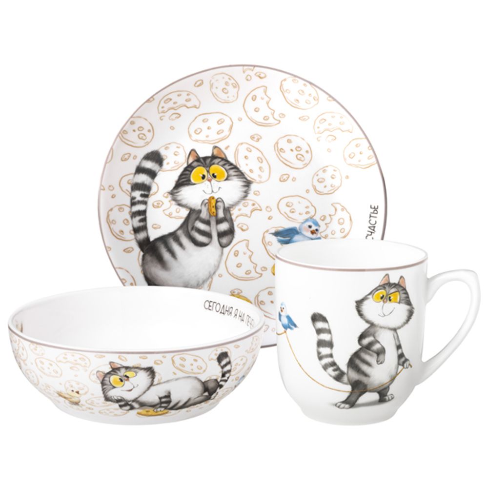 НАБОР ПОСУДЫ LEFARD "СЧАСТЬЕ ЕСТЬ" 3 ПР.: КРУЖКА 400 МЛ, ТАРЕЛКА 20,5 СМ, САЛАТНИК 15,5*5 СМ 600 МЛ