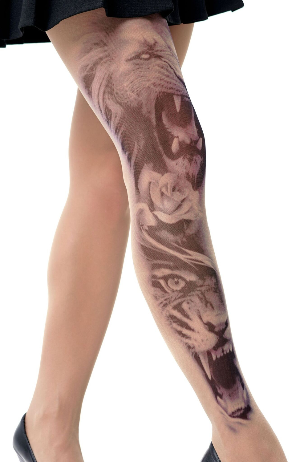 Колготки с рисунком-тату в виде льва и тигра (Размер: S-M-L) (Цвет: бежевый)